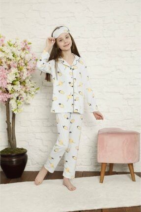Kız Çocuk Beyaz Sarı Fresh Furit Desenli Uzun Kollu Çizgili Pijama Takımı PM2005A