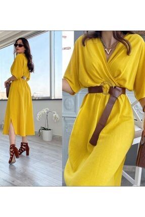 Kadın Sarı Deri Kemerli Yarasa Kol Kruvaze Elbise per21