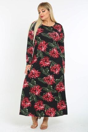 Kadın Bordo Yeşil Floral Desen Büyük Beden Maksi Elbise 2140134