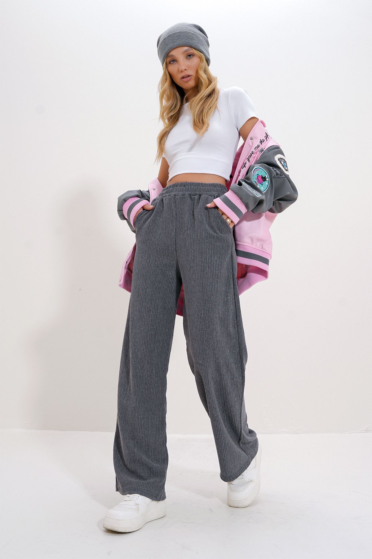 Trend Alaçatı Stili-High Waist Elastic Anthracite Wide Leg Women's Trousers - Alc-X12712 2