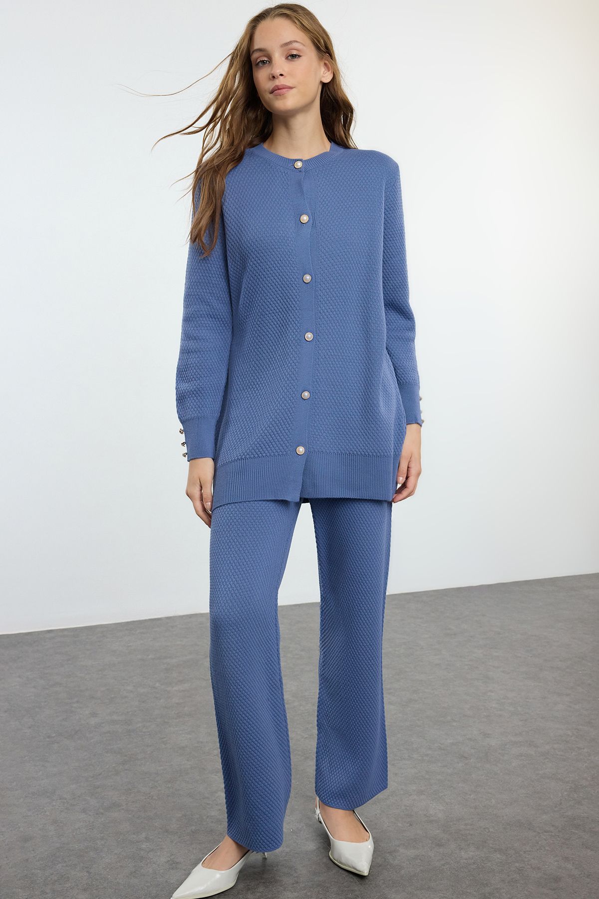 Trendyol Modest-Трикотажний комплект з верхом і спідницею індиго, перламутрові ґудзики TCTAW25US00035 2