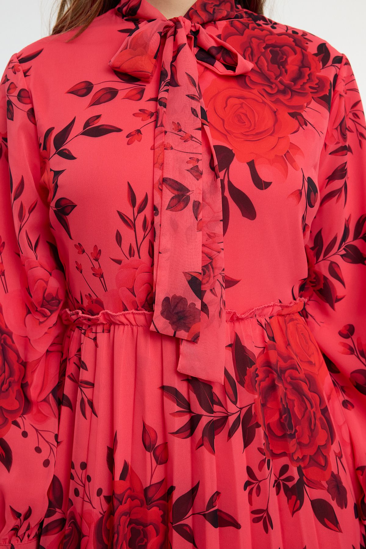 Trendyol Modest-Fuchsia Floral Patterned Chiffon Dress - Pleated and Lined Tctaw25eb00124 4