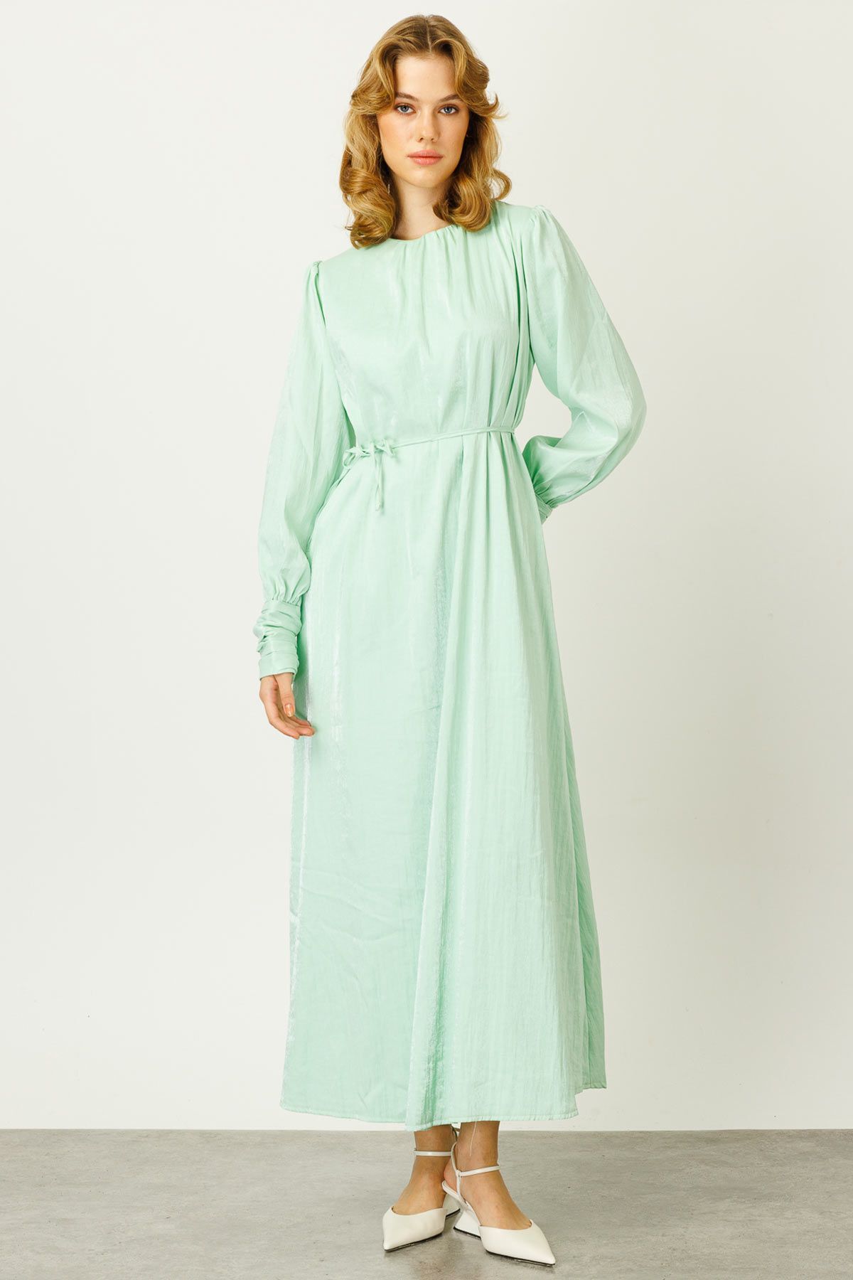 BELTED BRIGHT TEXTURED GOWN - MİNT GREEN