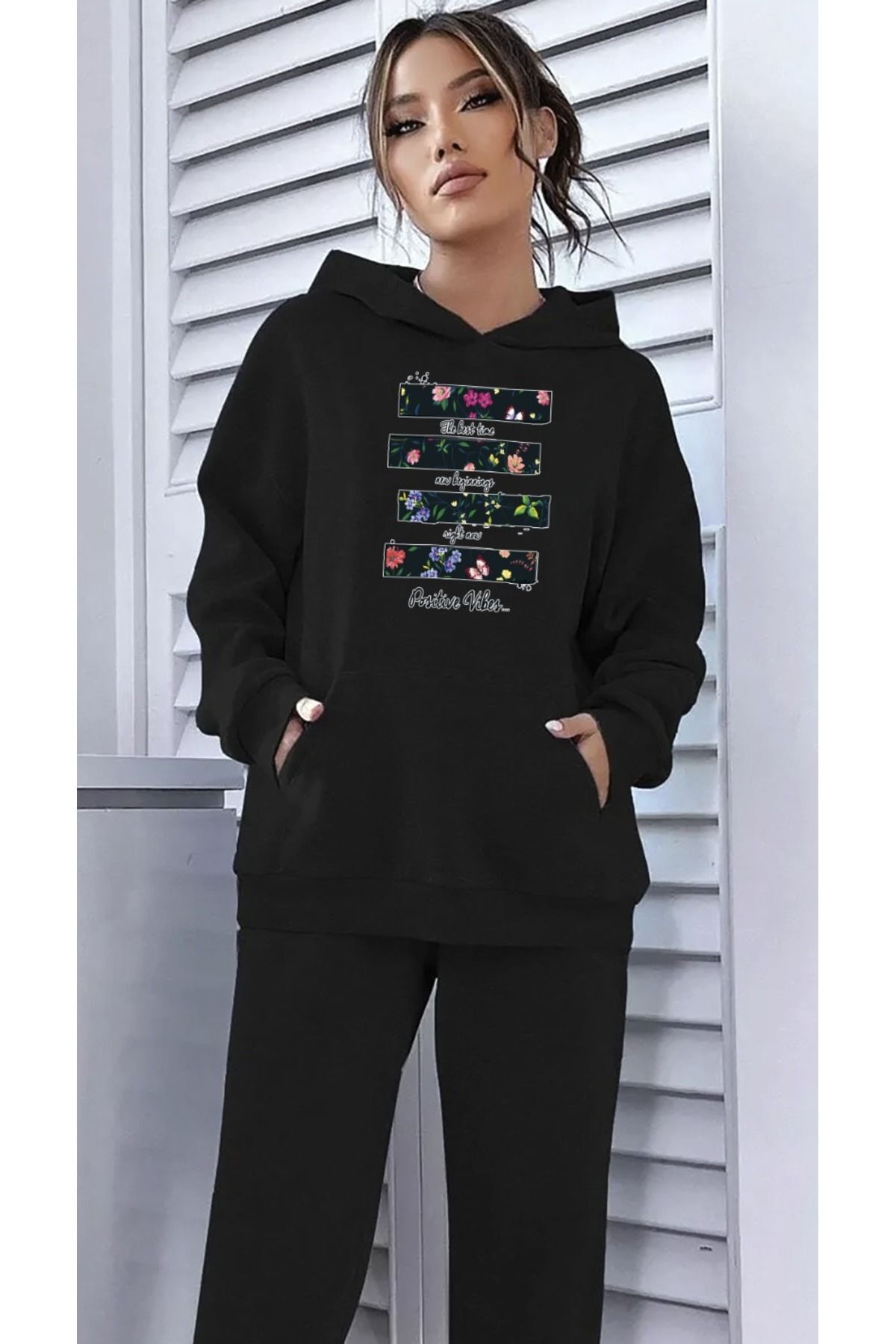 Printed Bottom Top Tracksuit Set Oversize Hooded