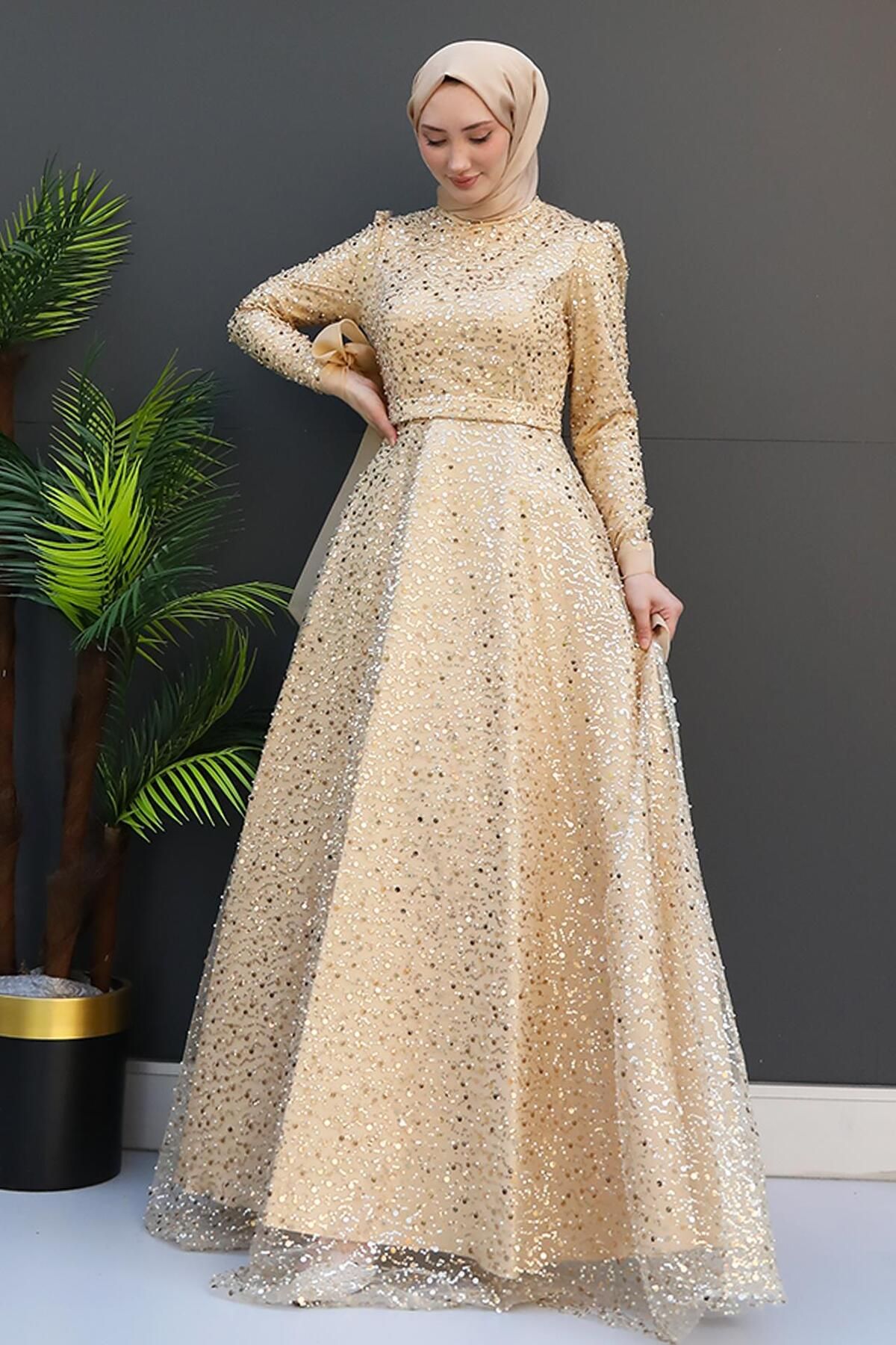 giz astore Gold Simay Hijab Evening Dress Trendyol