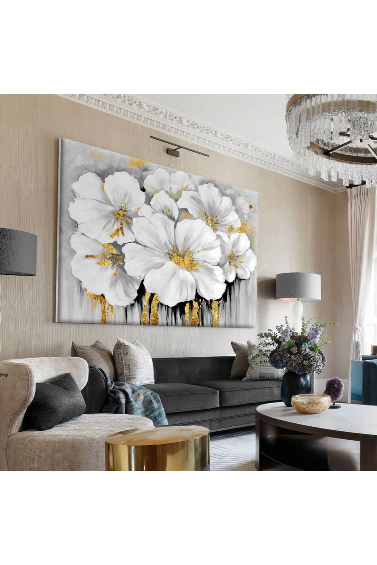 HARIKABIREV|GRAY-GOLD COMBINATION MOST POPULAR FLOWER TABLE 1|FRAMELESS CANVAS TABLE
