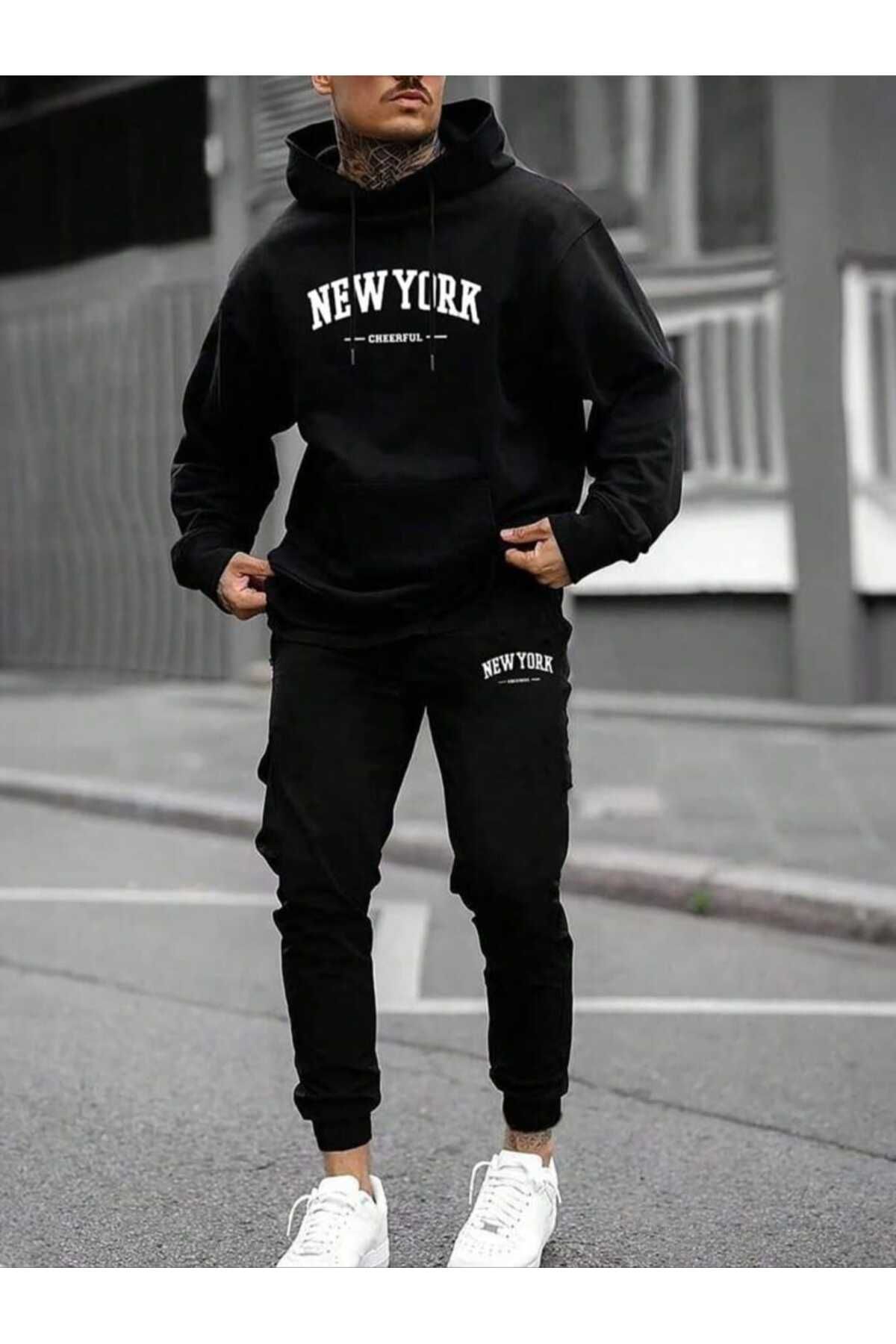 Pink Sky New York Baskılı Alt Üst Eşofman Takımı Oversize Kapüşonlu