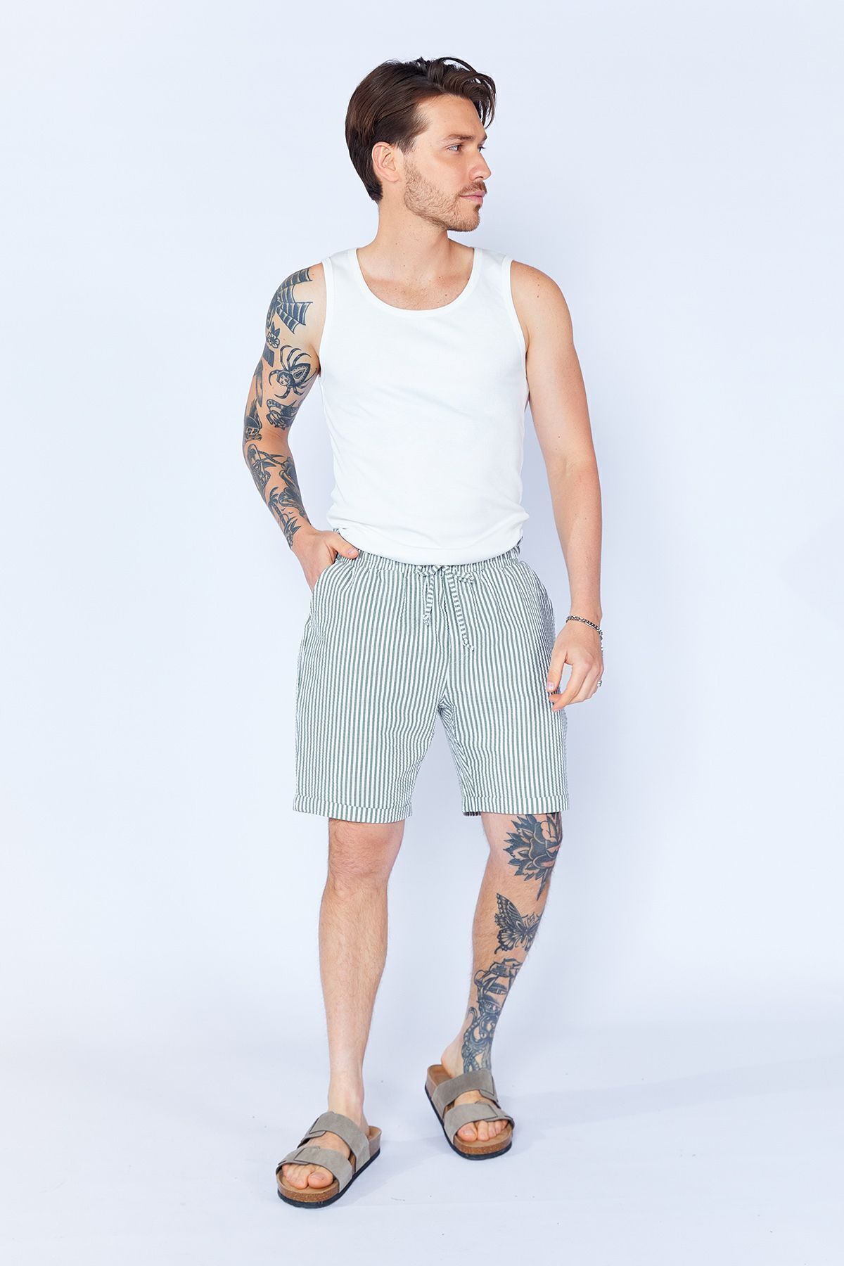 Toptan | Gofre Çizgili Jogger Beli Lastikli Erkek Şort  | Haki MES650453-01