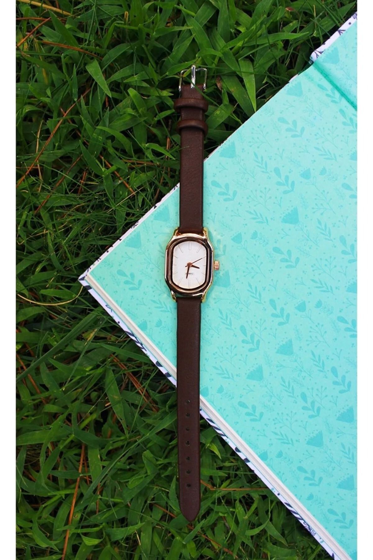 LOOKUP NEW  Angela Kadın Kahverengi Kare Dikdörtgen Deri Kordonlu Minimal Vintage Yeni Sezon Gold Kol Saati - Görsel 3