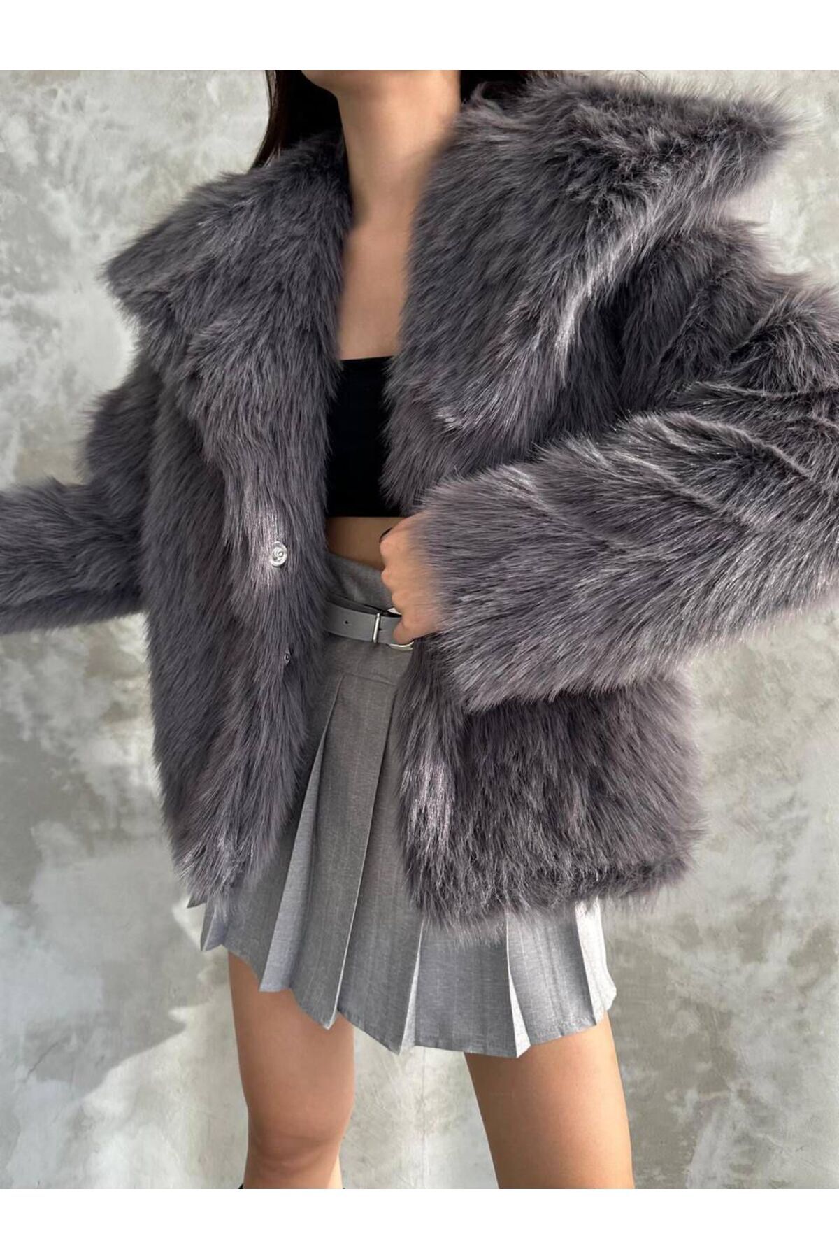 nuance button poodle coat グレー Zaya Collection Artificial Premium Fur Coat- Trendyol