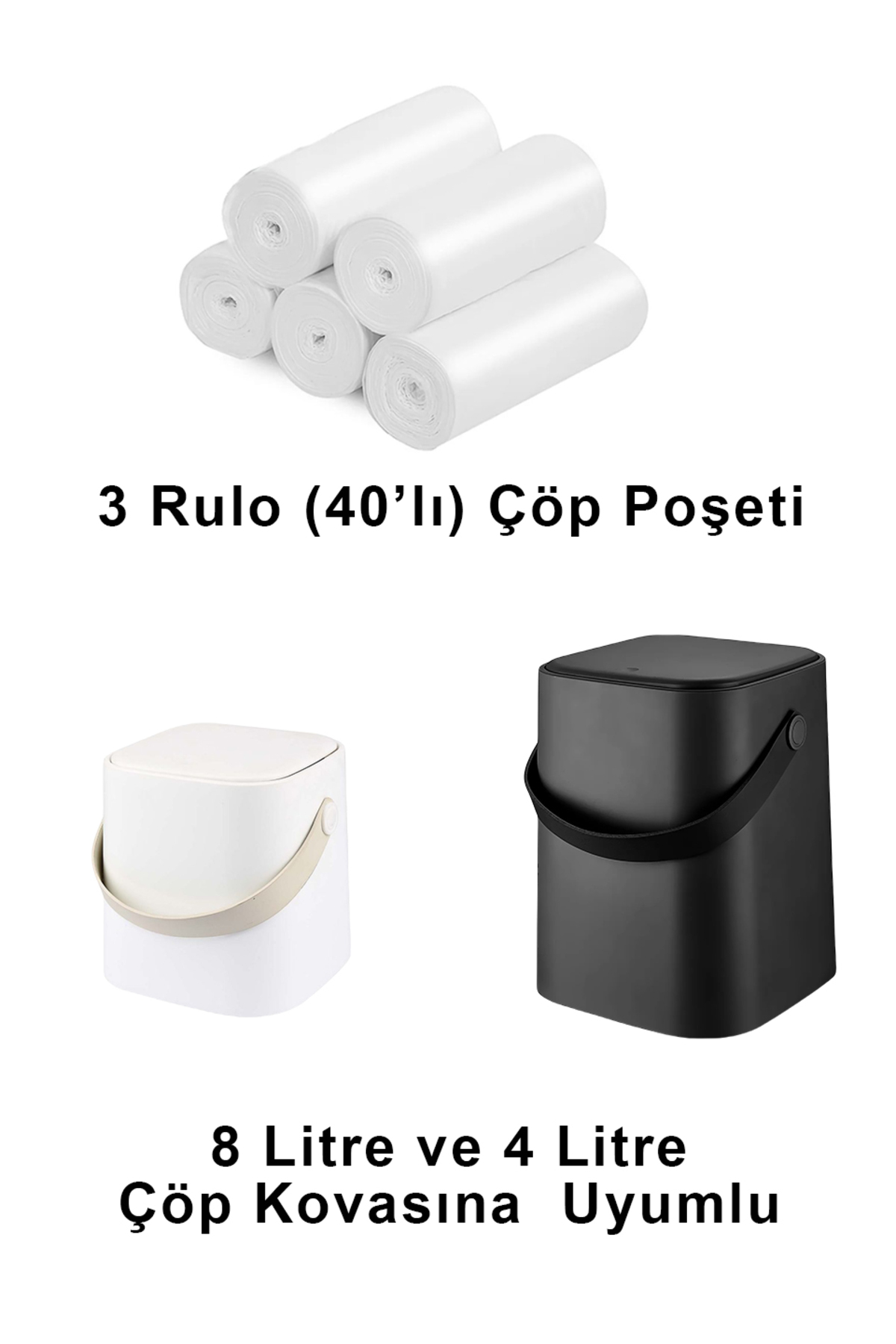 Carat Home 3 Adet 40'lı Çöp Poşeti 8 ve 4 Litre Çöp Kovasına Uyumlu - Mini Boy 3 Adet Rulo 40'lı