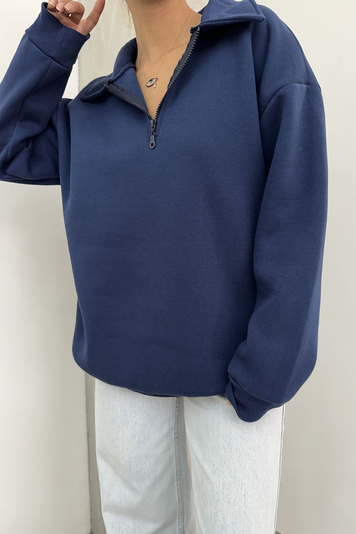 Sun Victoria-Women's Navy Blue Polo Neck Oversize 3 Thread Ribbed Sweatshirt 4
