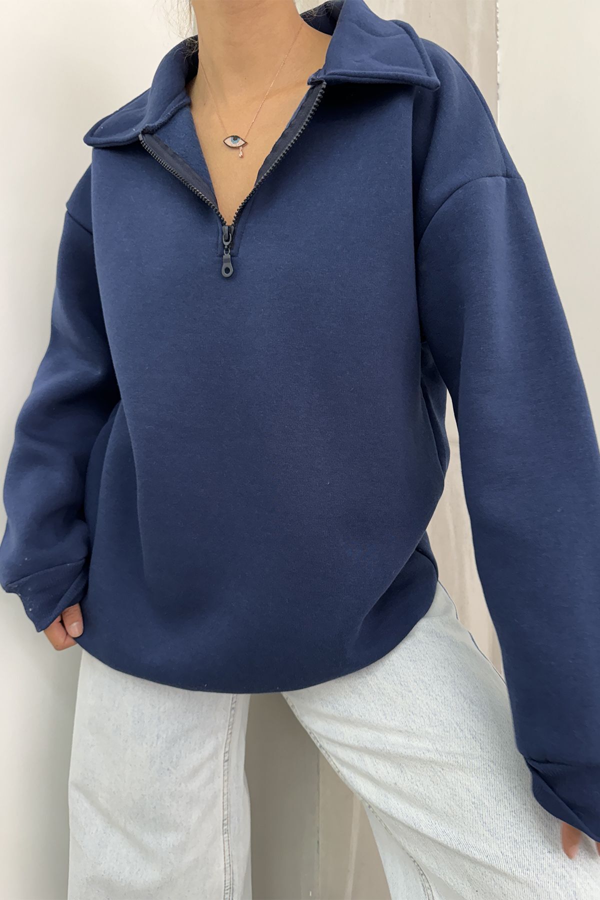 Sun Victoria-Women's Navy Blue Polo Neck Oversize 3 Thread Ribbed Sweatshirt 3