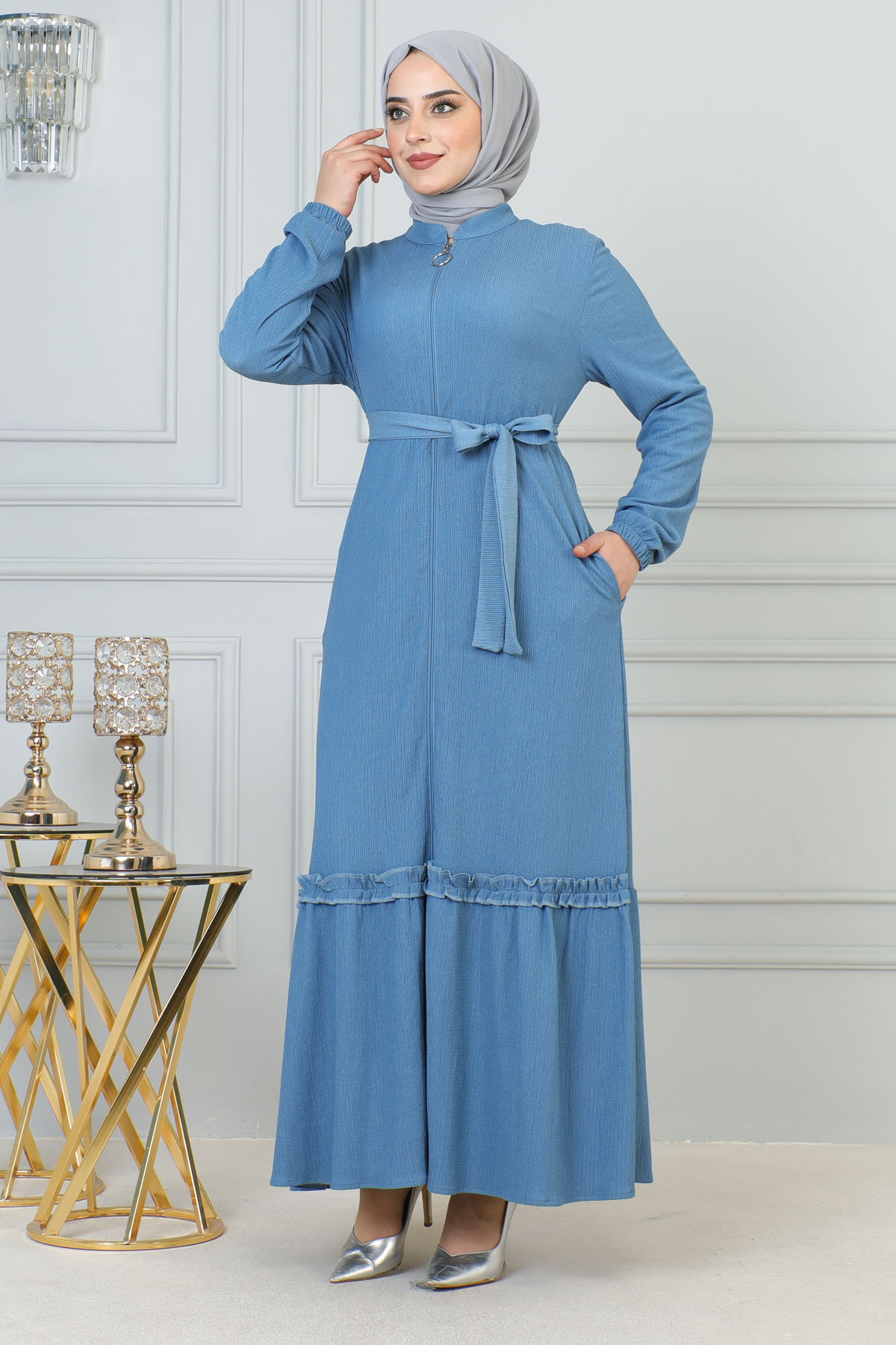 Moda Ebva Fırfır Detay Fermuarlı Ferace-5544 Açık mavi - Fiyatı