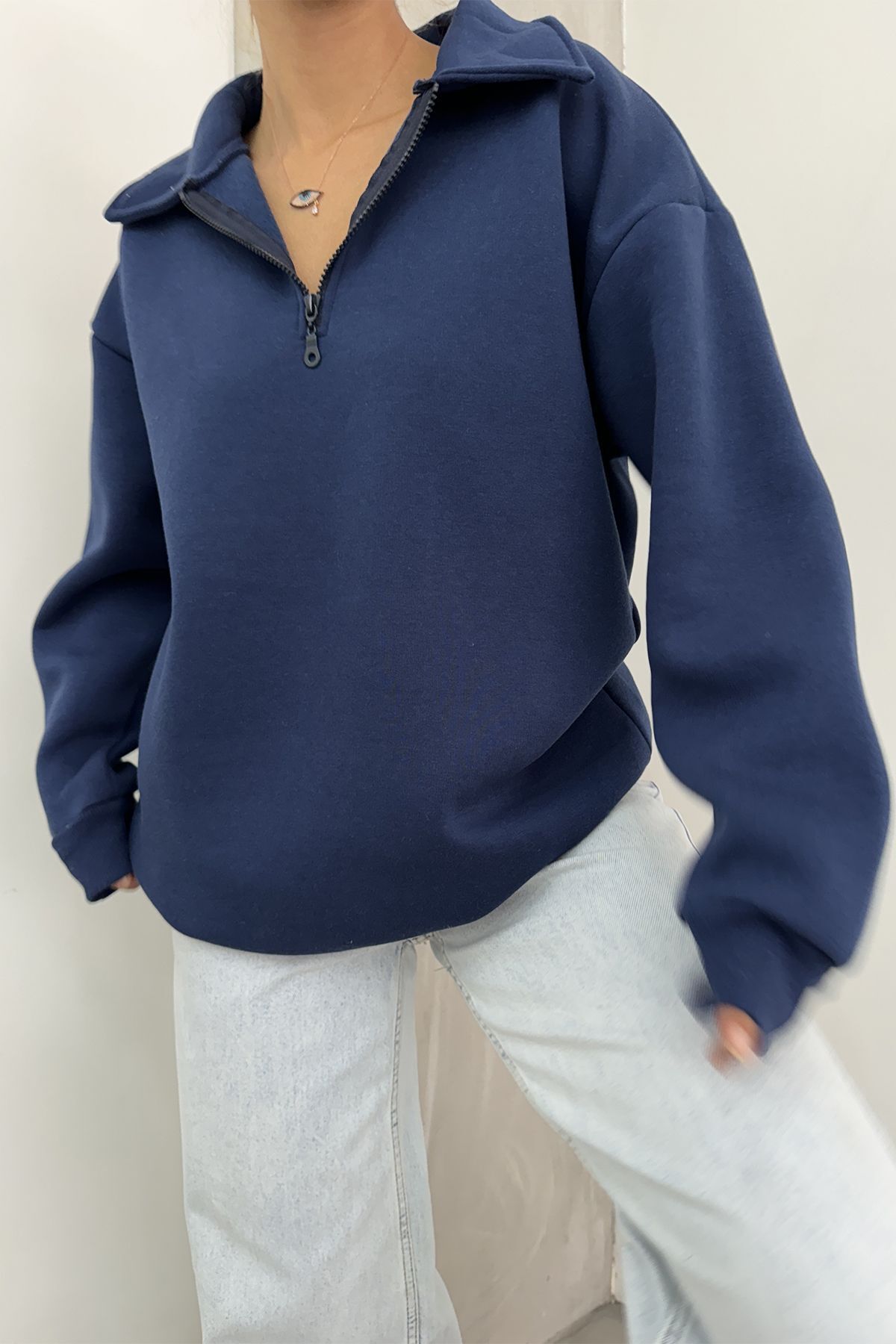 Sun Victoria-Women's Navy Blue Polo Neck Oversize 3 Thread Ribbed Sweatshirt 5