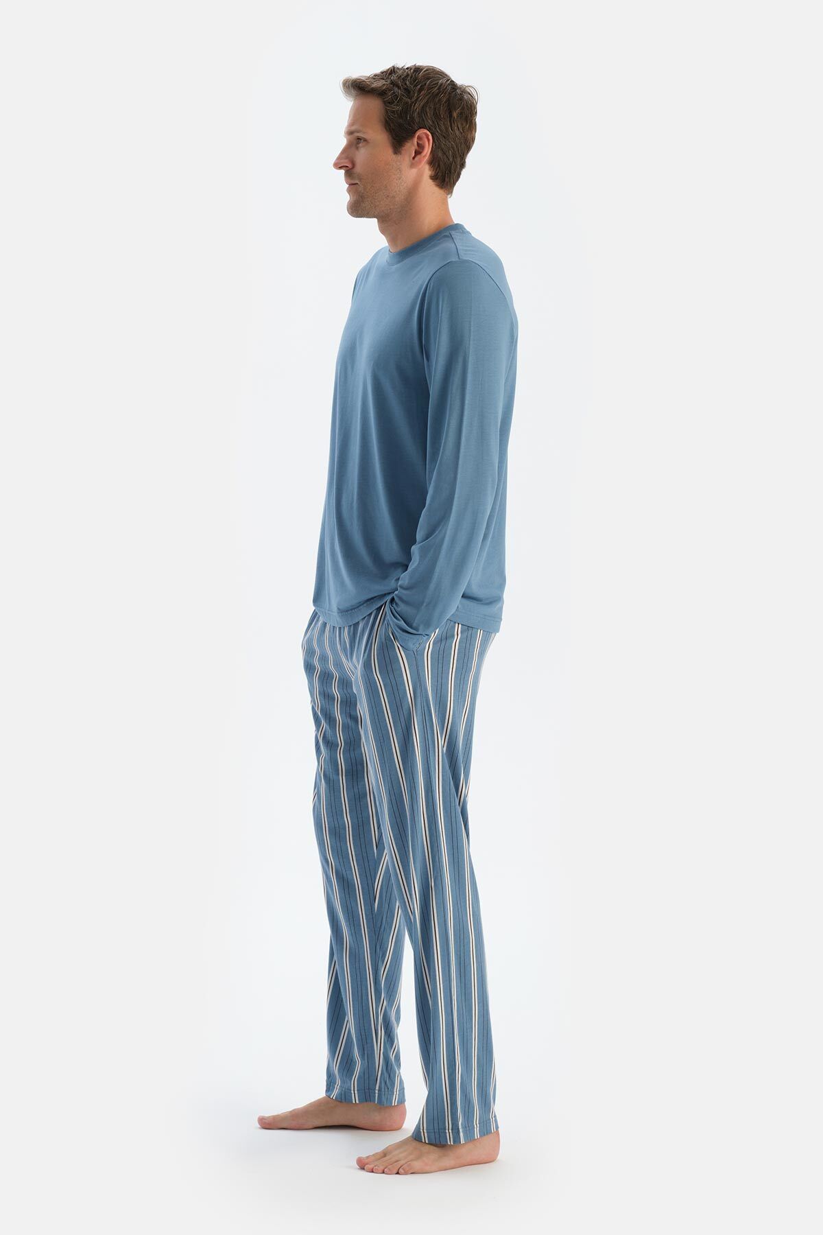 Dagi-Blaues Langarm-T-Shirt- und Hosen-Pyjama-Set – Rundhalsausschnitt 3