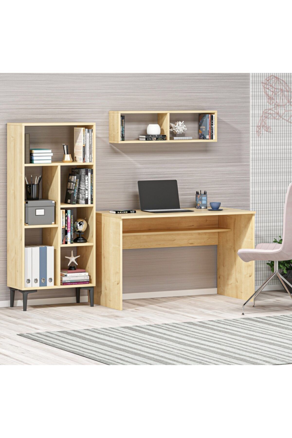 DEMONTE DECOR College Çalışma Masası + Kitaplık Takım Safir Meşe-beyaz