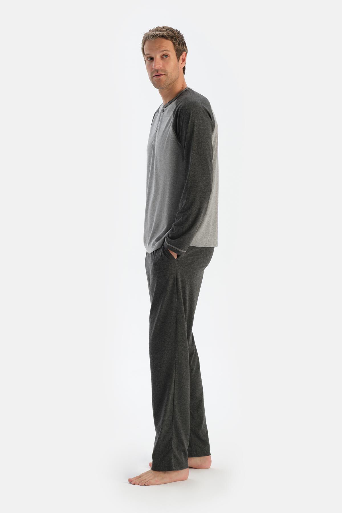 ست پیژامه مردانه مجموعه لباس خواب GRAY MELANGE MENSTRUAL ARM T SHIRT PANTS Dagi
