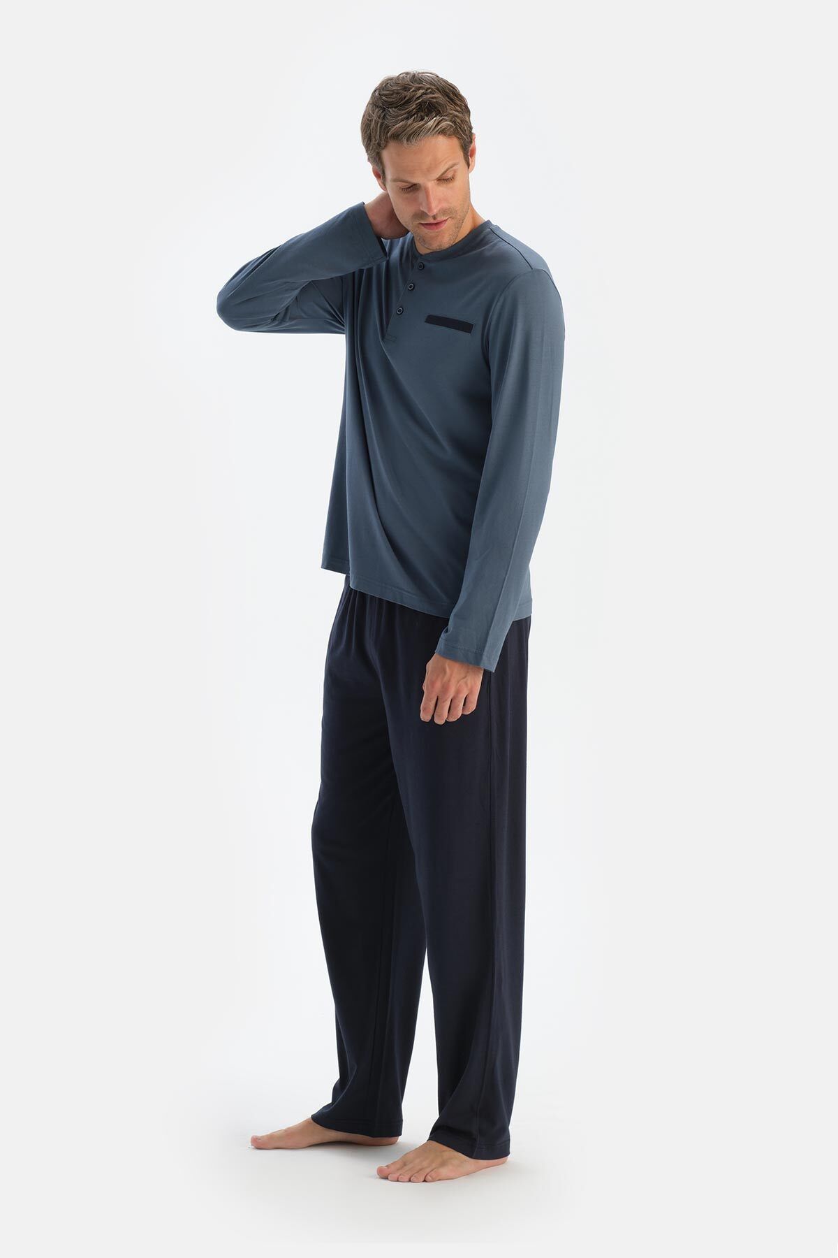ست پیژامه مردانه نیمه آبی تیره تخم مرغ آستین بلند T SHIRT شلوار شلوارک لباس خواب سه گانه Dagi