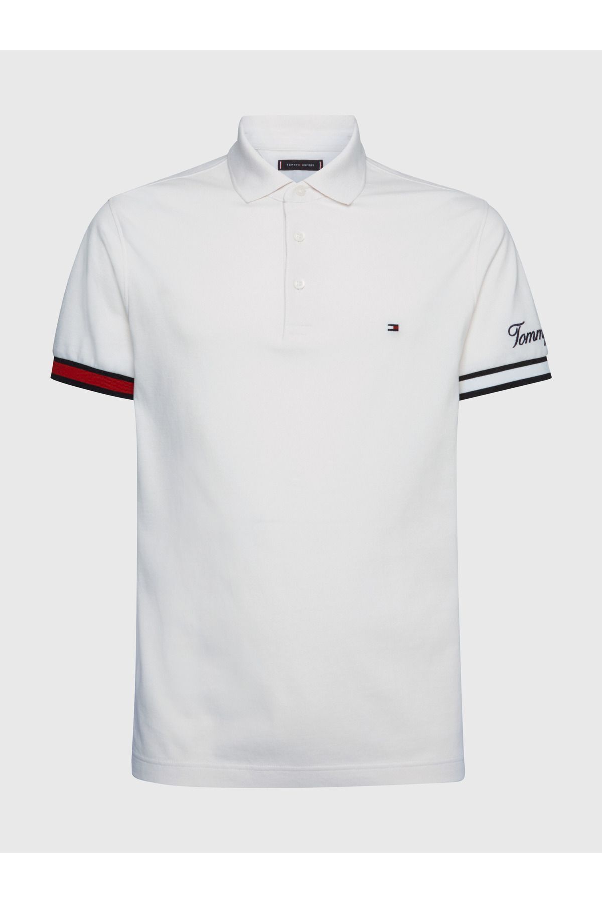 تی شرت یقه پولو سفید مردانه پرچم دکمه دار اورجینال Tommy Hilfiger