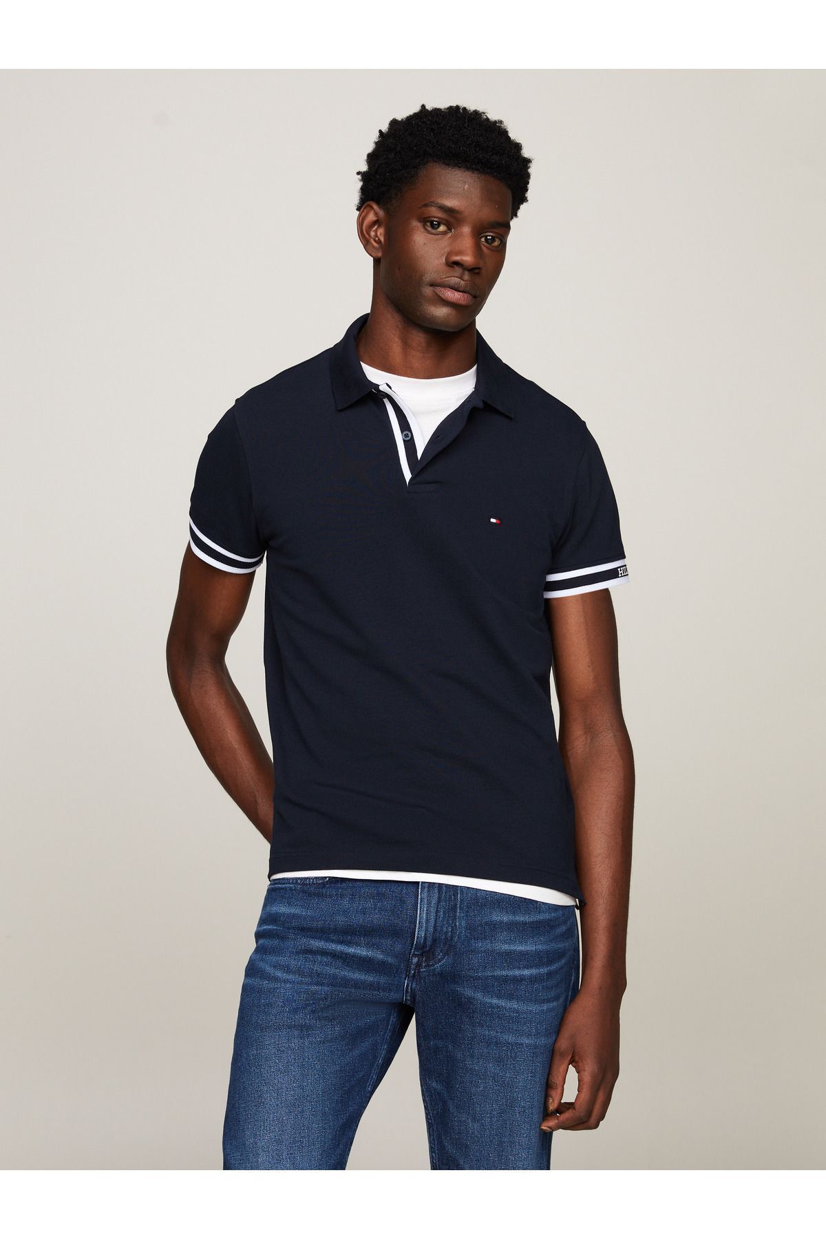 تی شرت یقه پولو آبی مردانه چوگان Slim Fit Cuff Tommy Hilfiger