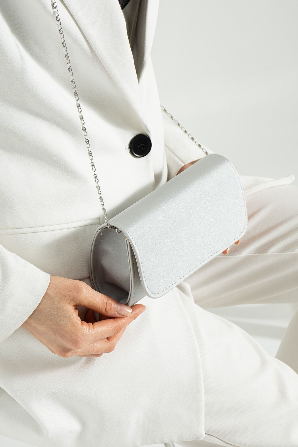 Gümüş Saten Abiye Çanta Portföy Çanta Clutch Çanta Satendüzz
