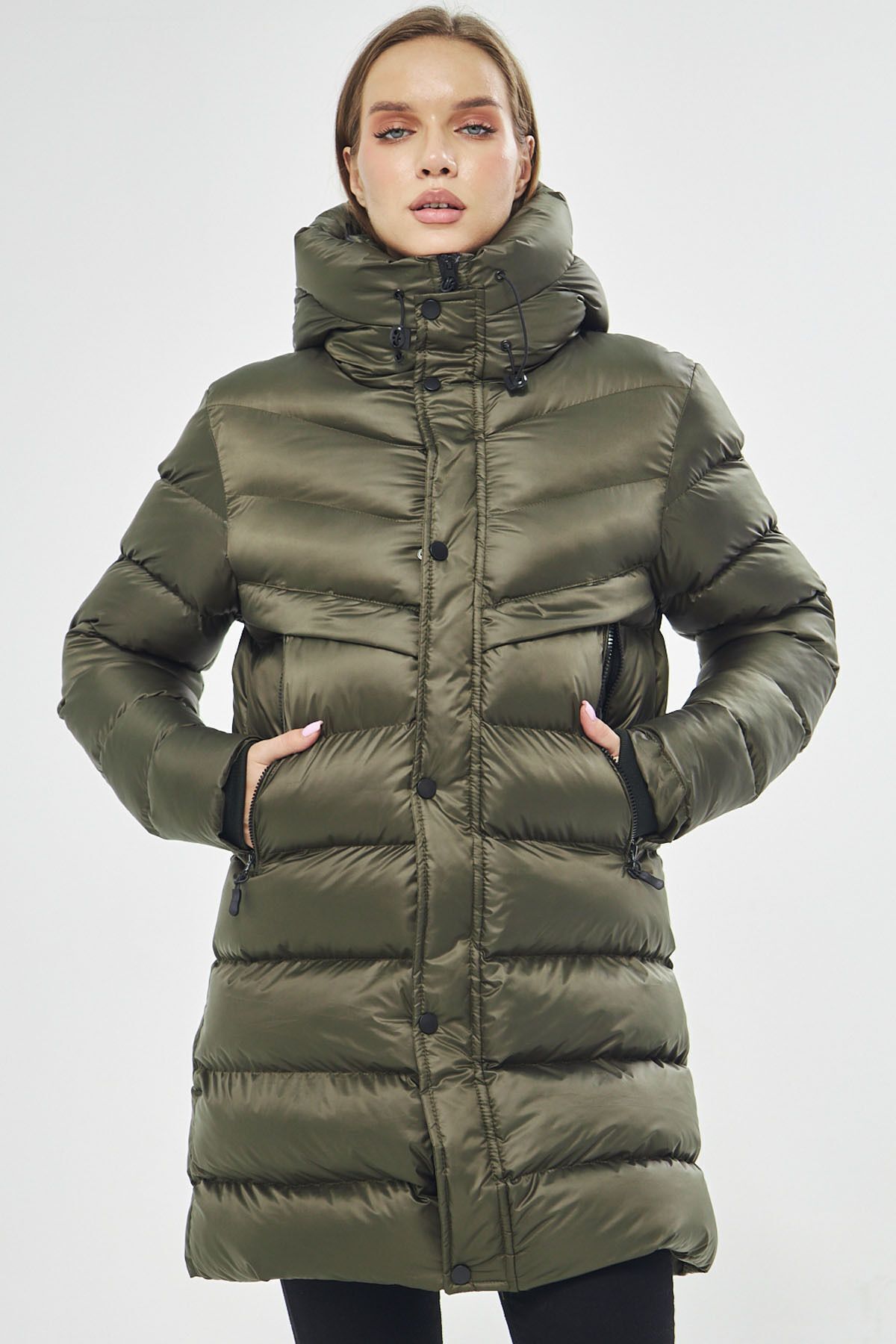 Women's Hooded Water And Windproof Khaki Inflatable Fiber Filled Long Winter Coat Parka Coat