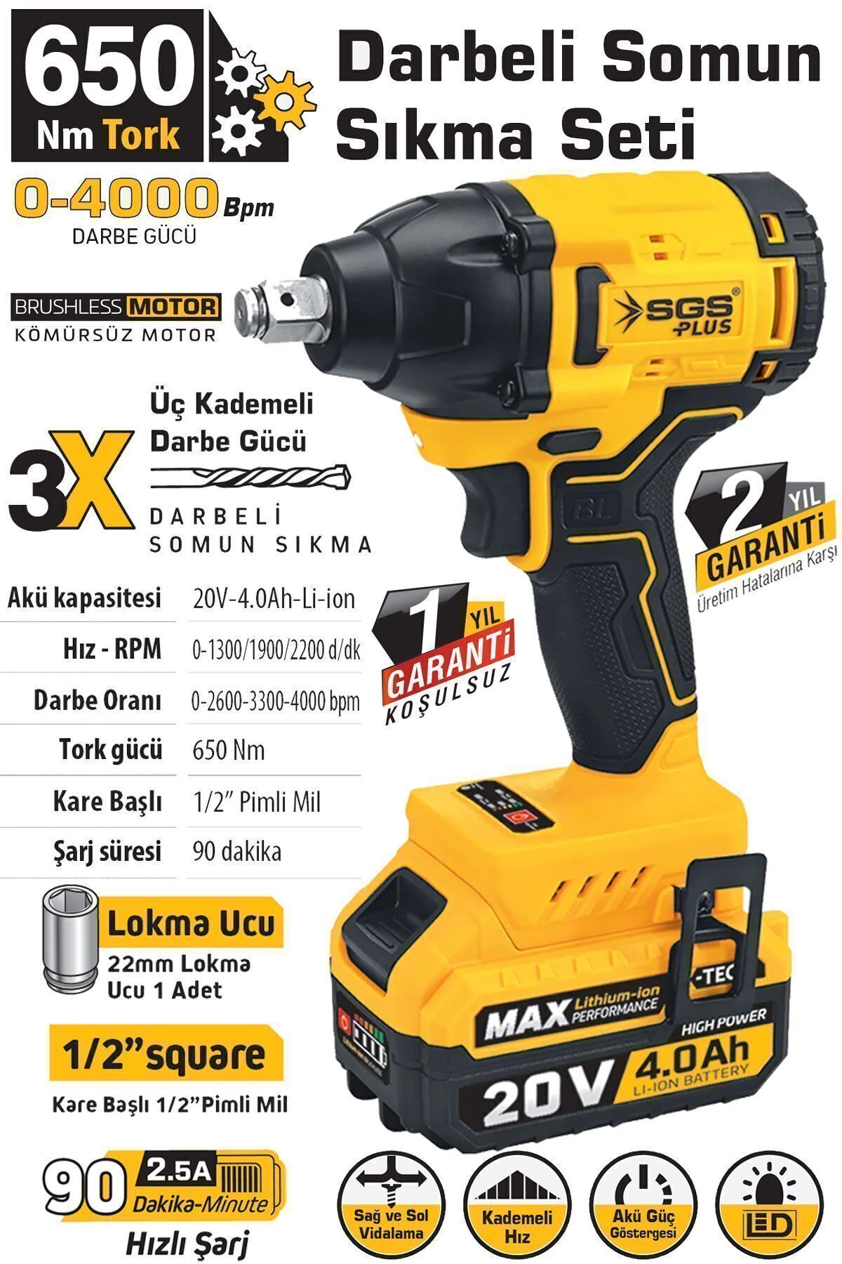 Sgs 20 Volt 4 Amper 650 Nm Tork Akülü Şarjlı Darbeli Somun Sıkma