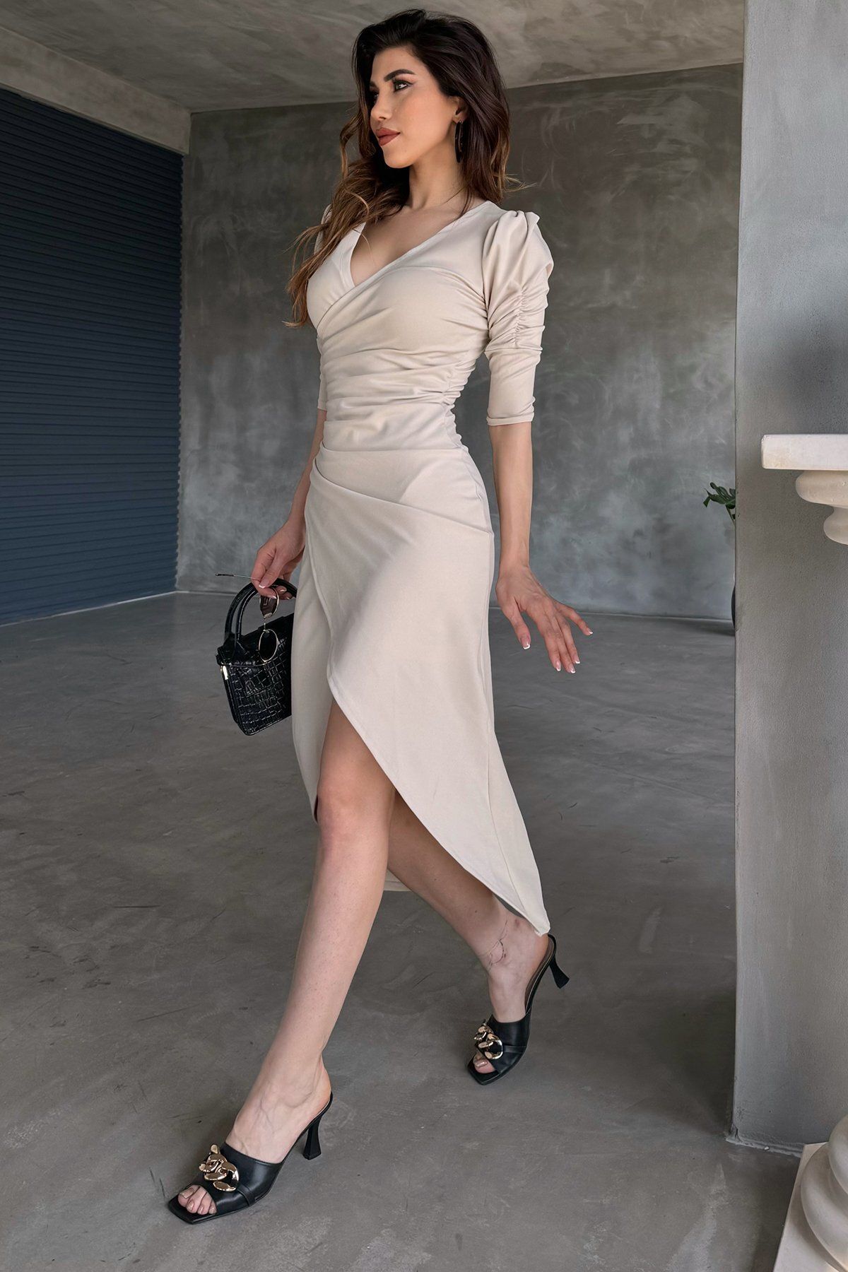 RURIS-Beige Midi Evening Dress - V-Neck, Three-Quarter Sleeve, Wrap Skirt, Diver Design Graduation Dress 5