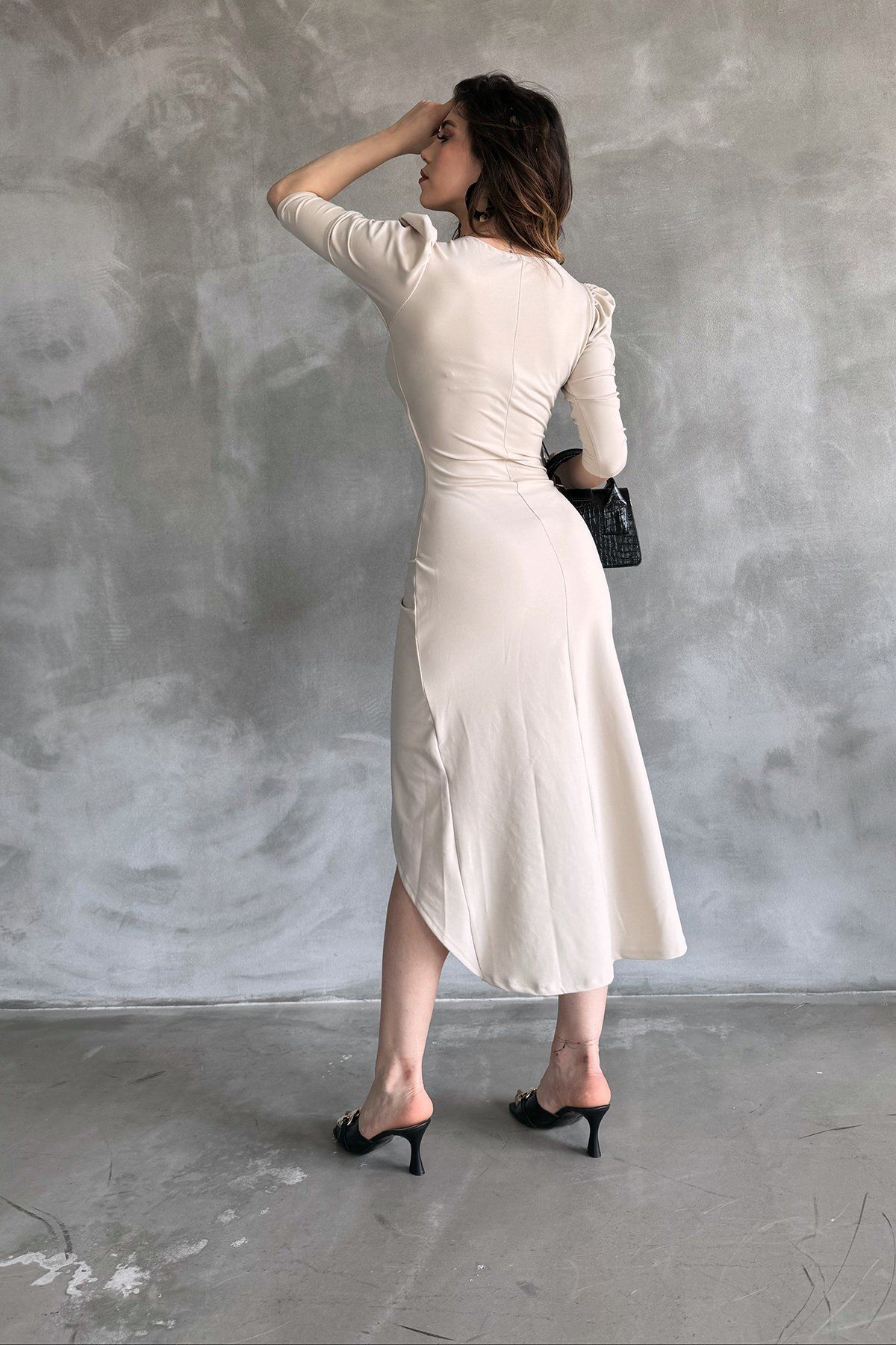 RURIS-Beige Midi Evening Dress - V-Neck, Three-Quarter Sleeve, Wrap Skirt, Diver Design Graduation Dress 7
