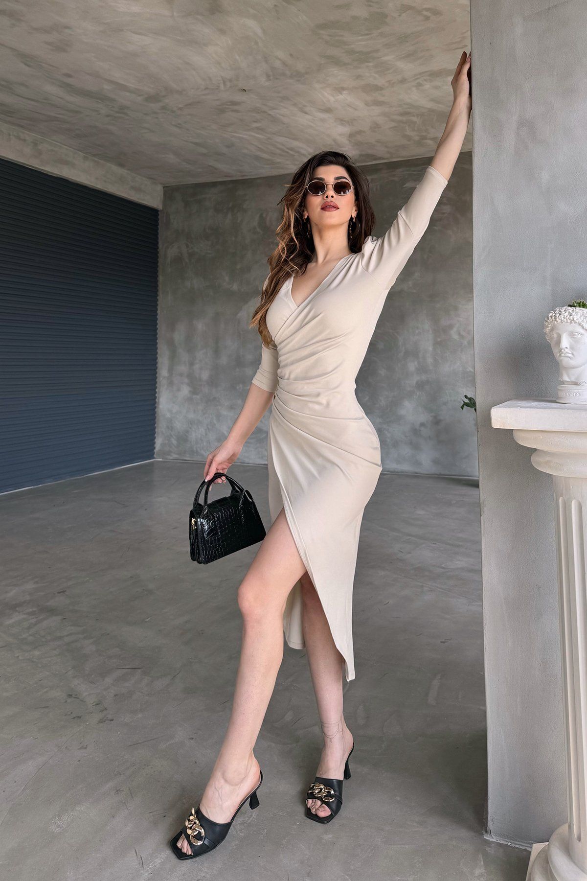 RURIS-Beige Midi Evening Dress - V-Neck, Three-Quarter Sleeve, Wrap Skirt, Diver Design Graduation Dress 4