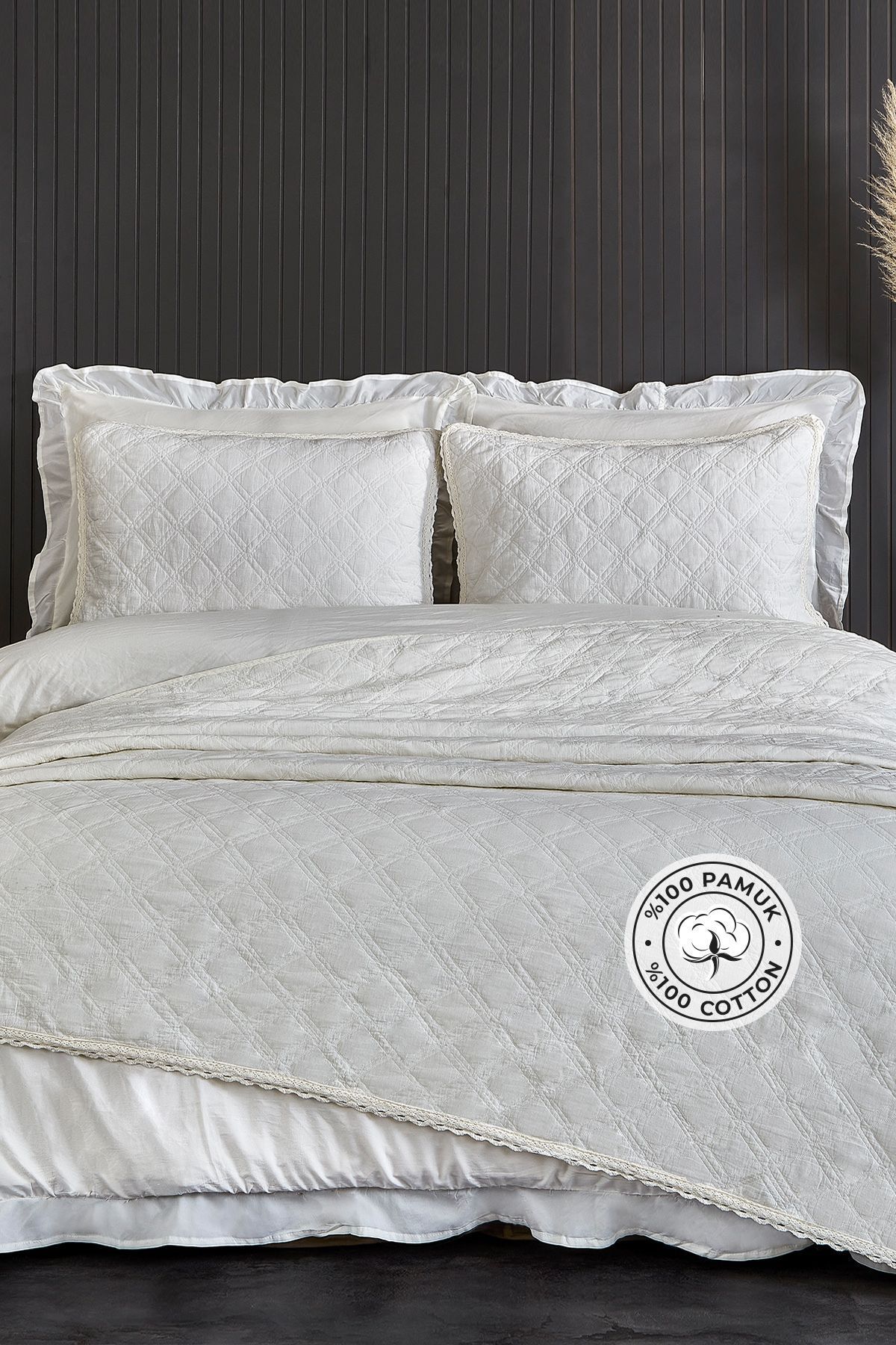 Evlen Home Collection Set De Lenjerie De Pat Dublu 100% Bumbac 7 Piese Cu Husă De Pilota - Soft Barbara Off White - One Size