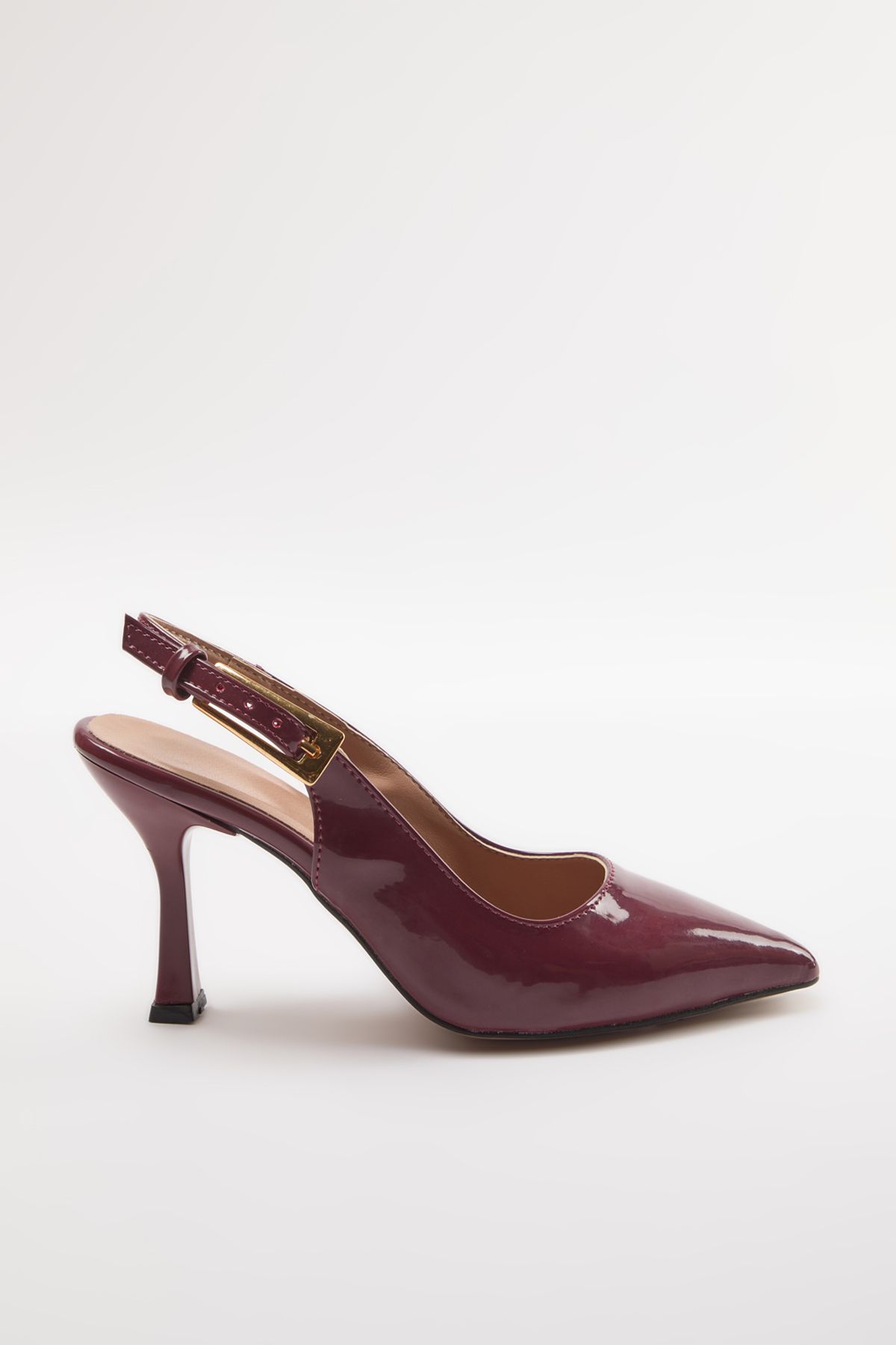 TRENDYOL SHOES-Burgunderrote Damenschuhe mit spitzer Zehenpartie und dünnem Absatz – goldene Schnalle, offener Rücken 5