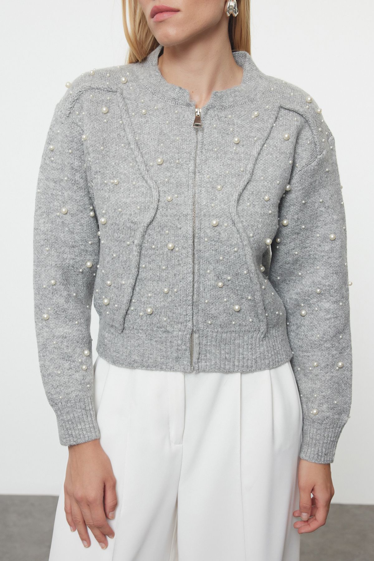 Trendyol Collection-Šedý kámen vyšívaný měkkou texturou pletený svetr na zip - Twoaw25Hi00168 3