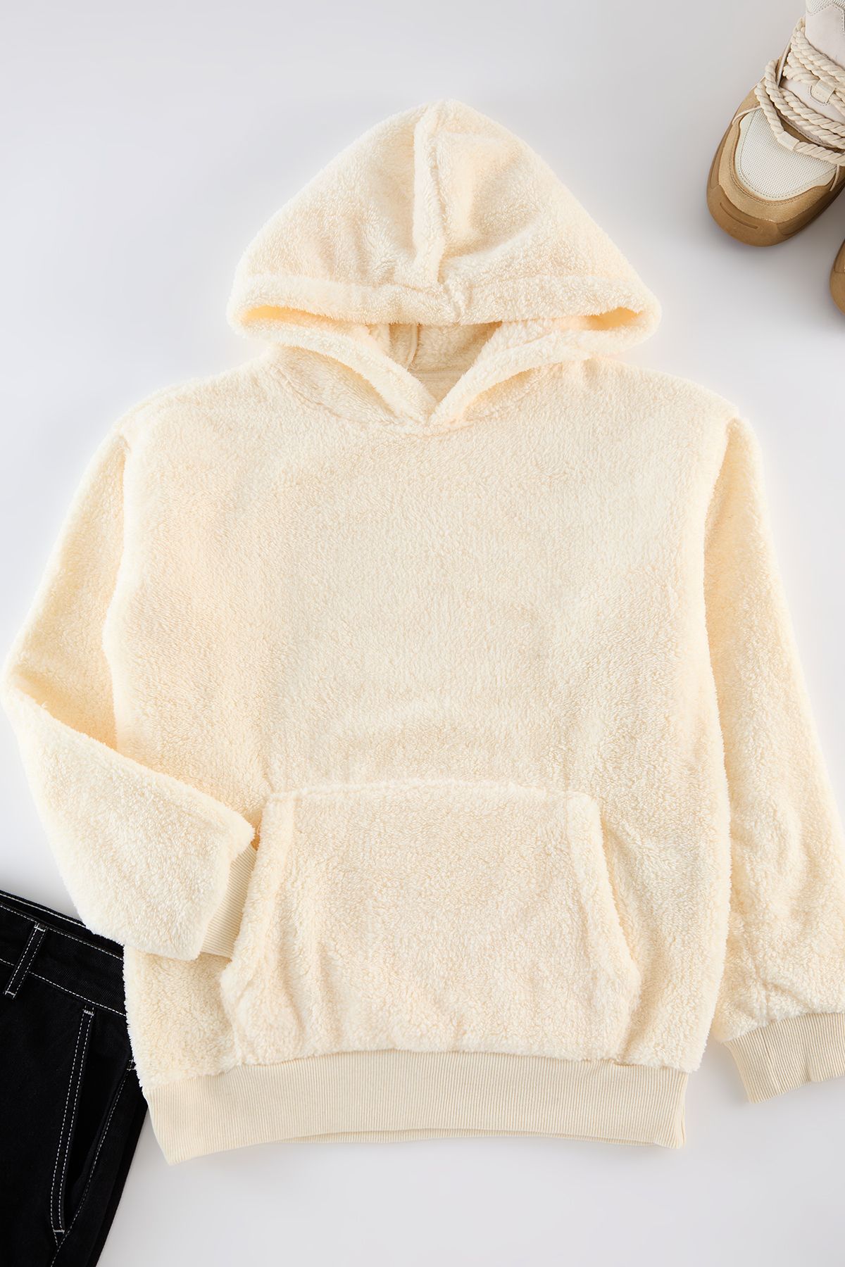 Trendyol Collection-Ecru Plush Hooded Oversize Sweatshirt - Tmnaw25Sw00106 2