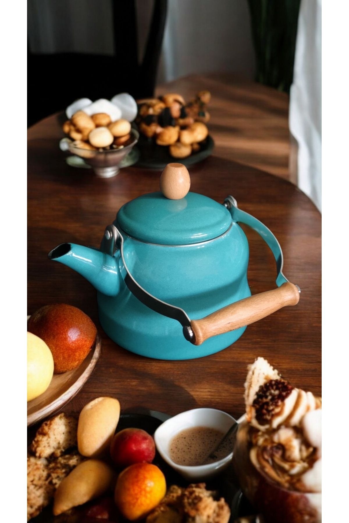 Ahşap Saplı Üstten Tutmalı mevlevi model Vintage Emaye Demlik 2.5 Litre kettle Turkuaz Çaydanlık