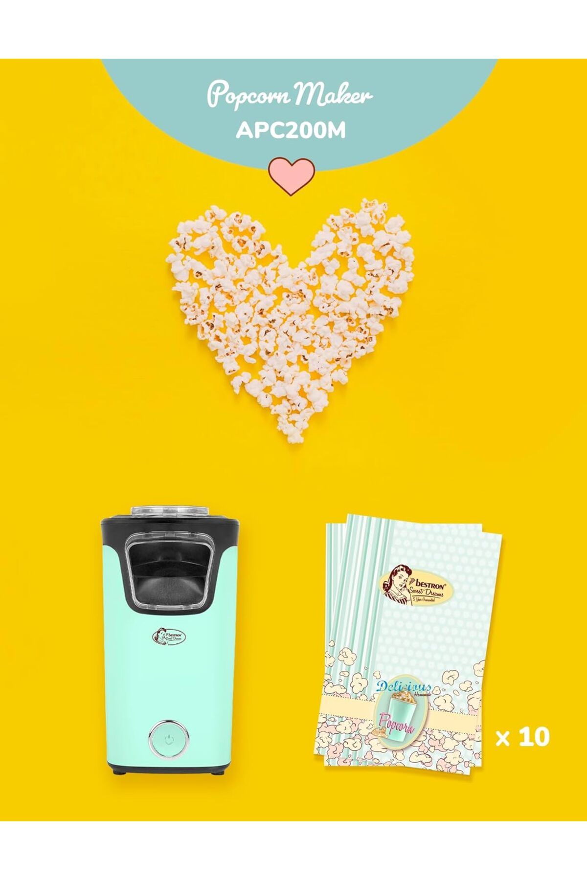 bestron-Popcorn Machine, 2 Minutes, Hot Air, 10 Bags, Measuring Cup, Sweet Dreams Series 4