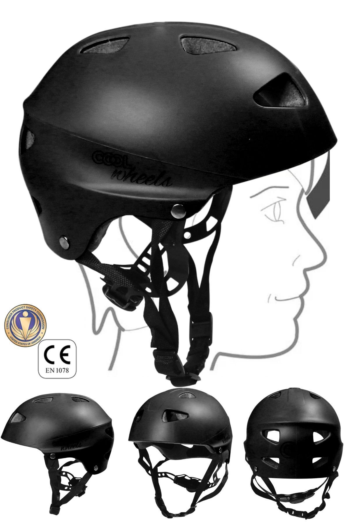 Sportaj Siyah Çocuk Kaskı Spor Koruyucu Başlık Kaskı Kaykay Bisiklet Scooter Paten için Kask Ayarlanabilir B