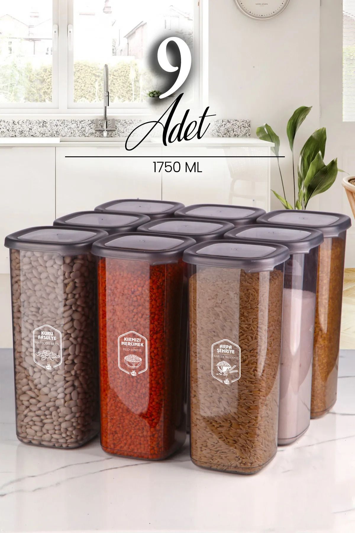 NESS HOME-Set of 9 Square Square Food Storage Containers with Jumbo Size Label 1750 ml - Hard Lid Large Jar 1