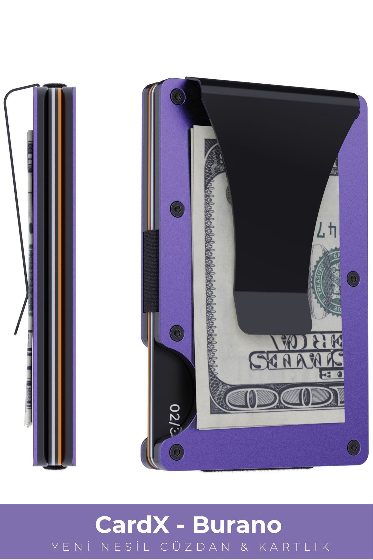 کیف پول و جاکارتی فلزی مدرن با محافظ RFID - مدل Cardx Burano Clips (بنفش) Louise Motto