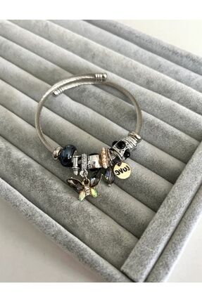 Genel Markalar Çelik Siyah Kelebek Detaylı Charm Bileklik