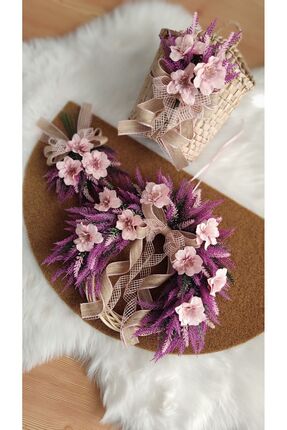 Serçeden Lavanta& Şebboy Çiçekli Bambu Çelenk Kapı Süsü- Paspas -sepet 3 Lü T...