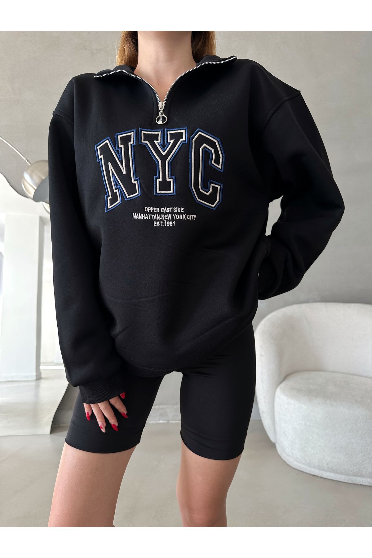 IŞILDA FASHION  NYC NAKIŞLI FERMUARLI SWEATSHİRT - Görsel 2