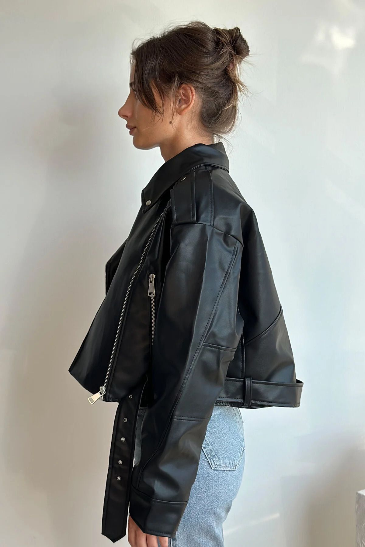 IŞILDA FASHION Oversize Women's Black Biker Leather Jacket- Trendyol