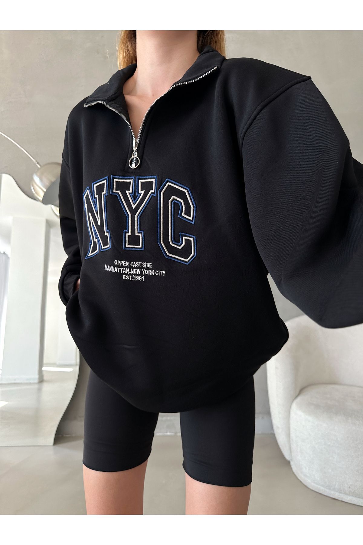 IŞILDA FASHION  NYC NAKIŞLI FERMUARLI SWEATSHİRT - Görsel 3