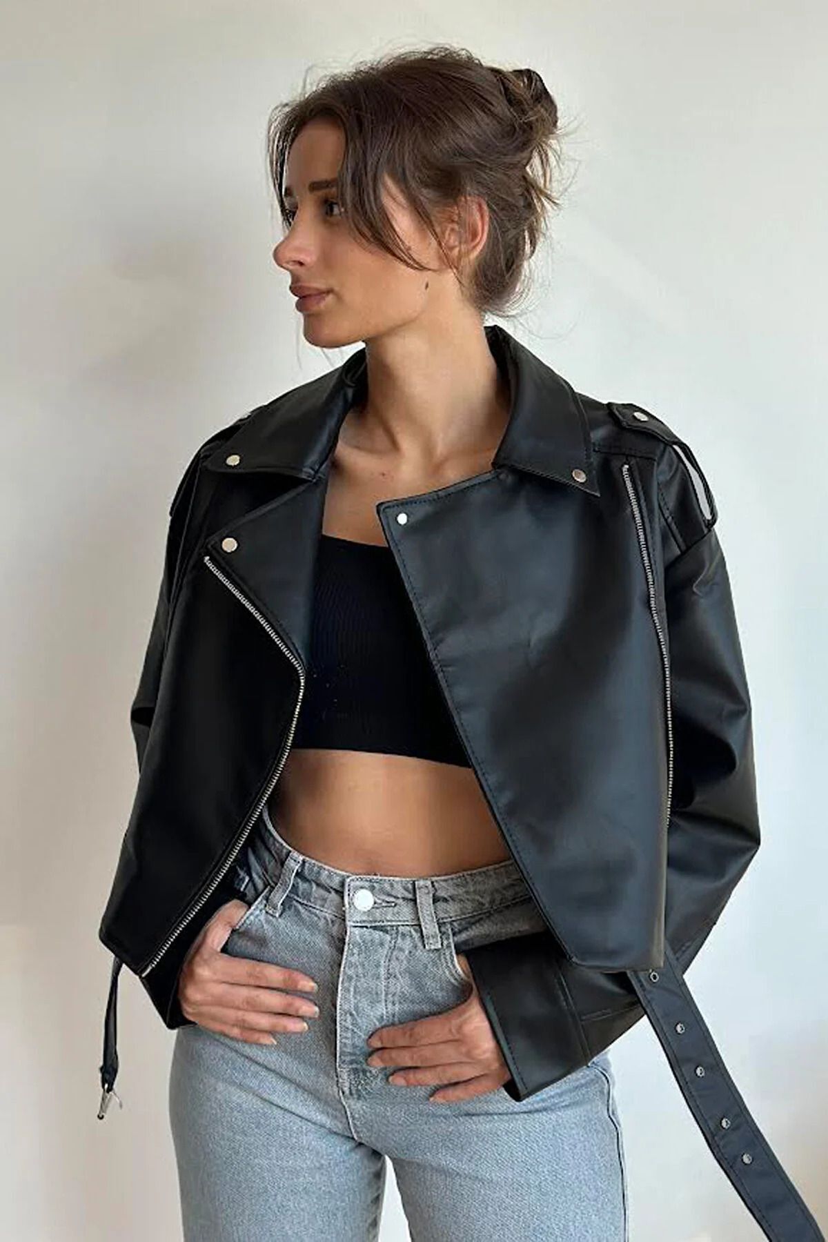 IŞILDA FASHION Oversize Kadın Siyah Biker Deri Ceket