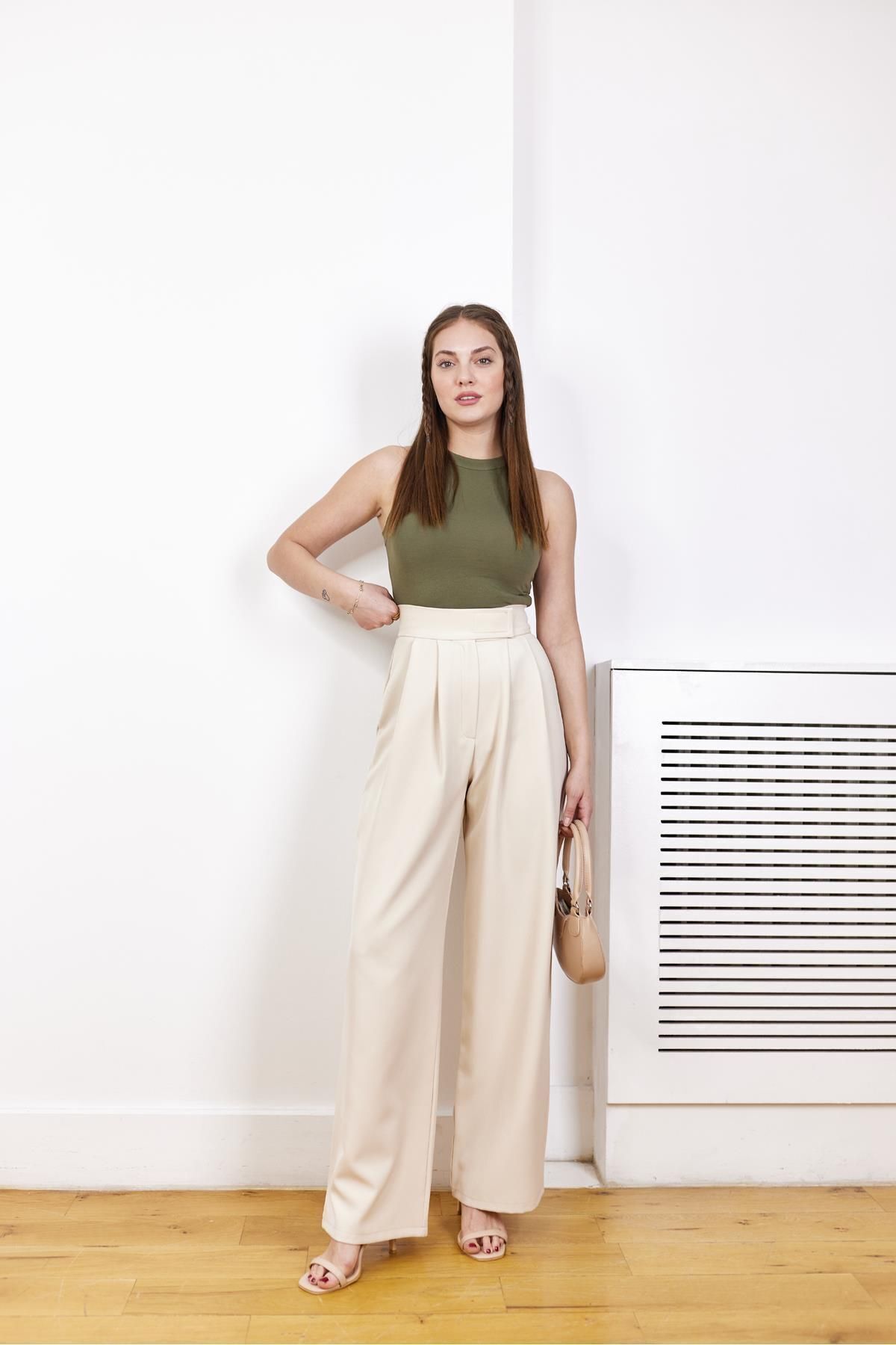 Pantalon Palazzo à Taille Ceinturée avec Fermeture à Bande Auto-agrippante et Pince Couture - Görsel 4