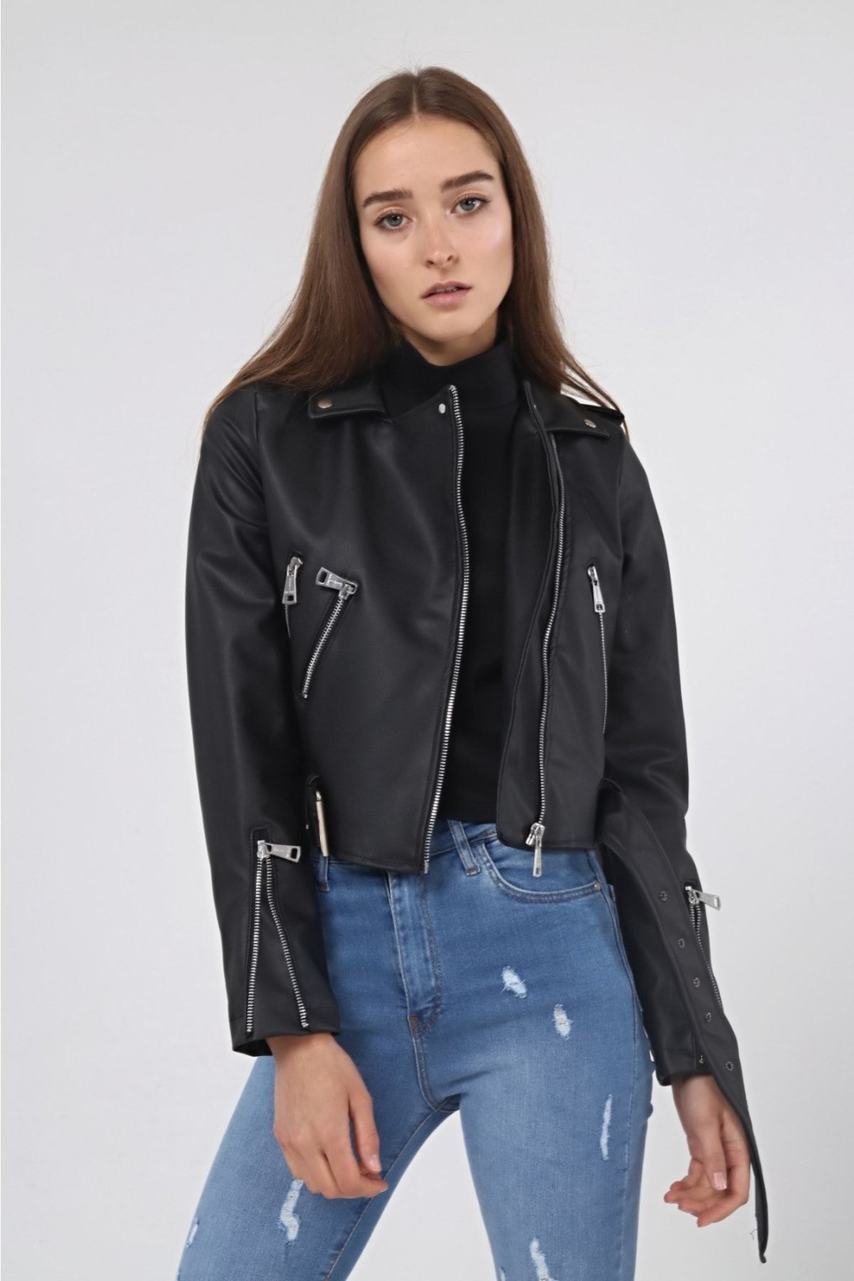 IŞILDA FASHION Bekleidung, Hose, Übergroße Lederjacke Mit Taschen für Mädchen - S