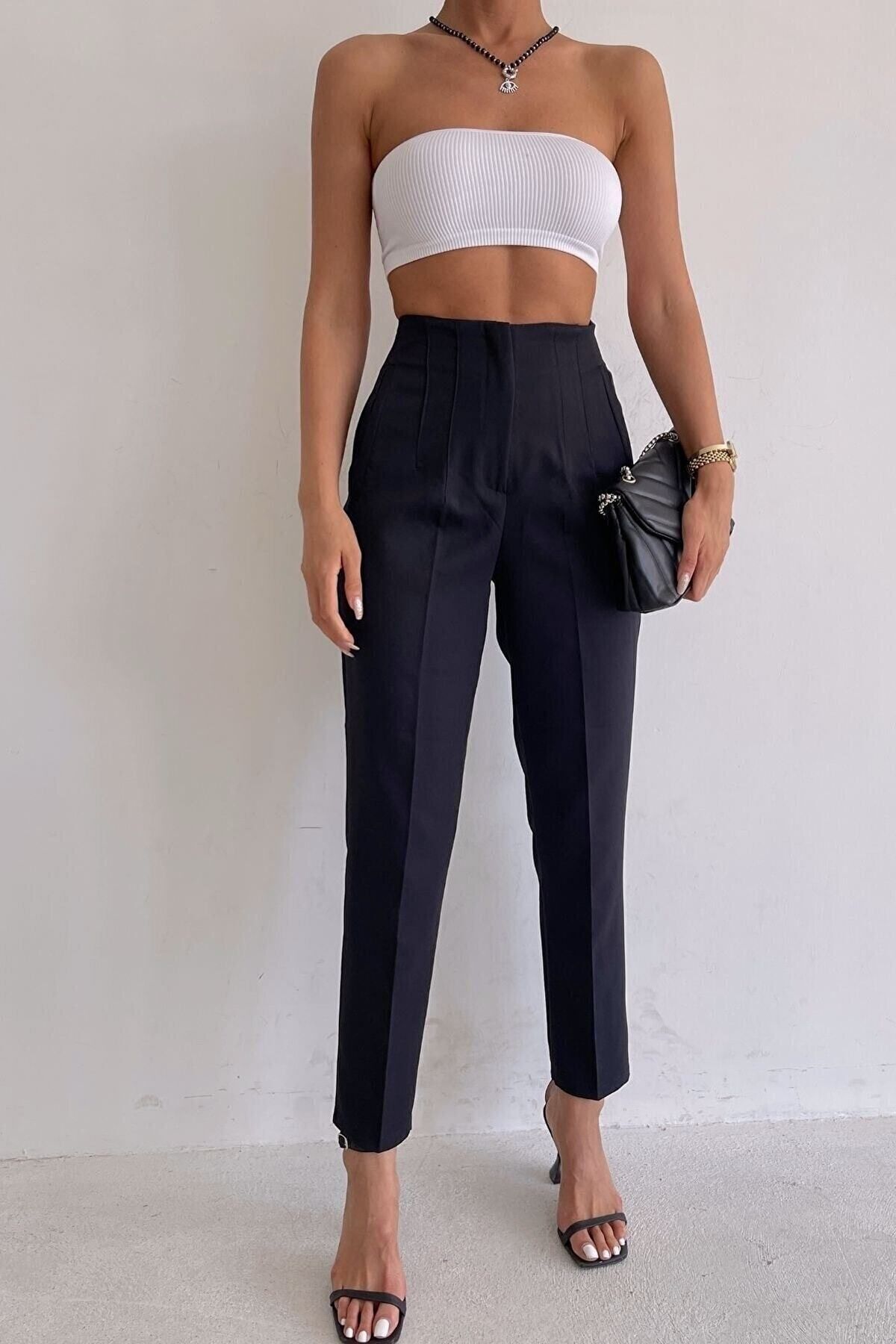 HOJAMODA High Waist Clamp Detailed Trousers Trendyol