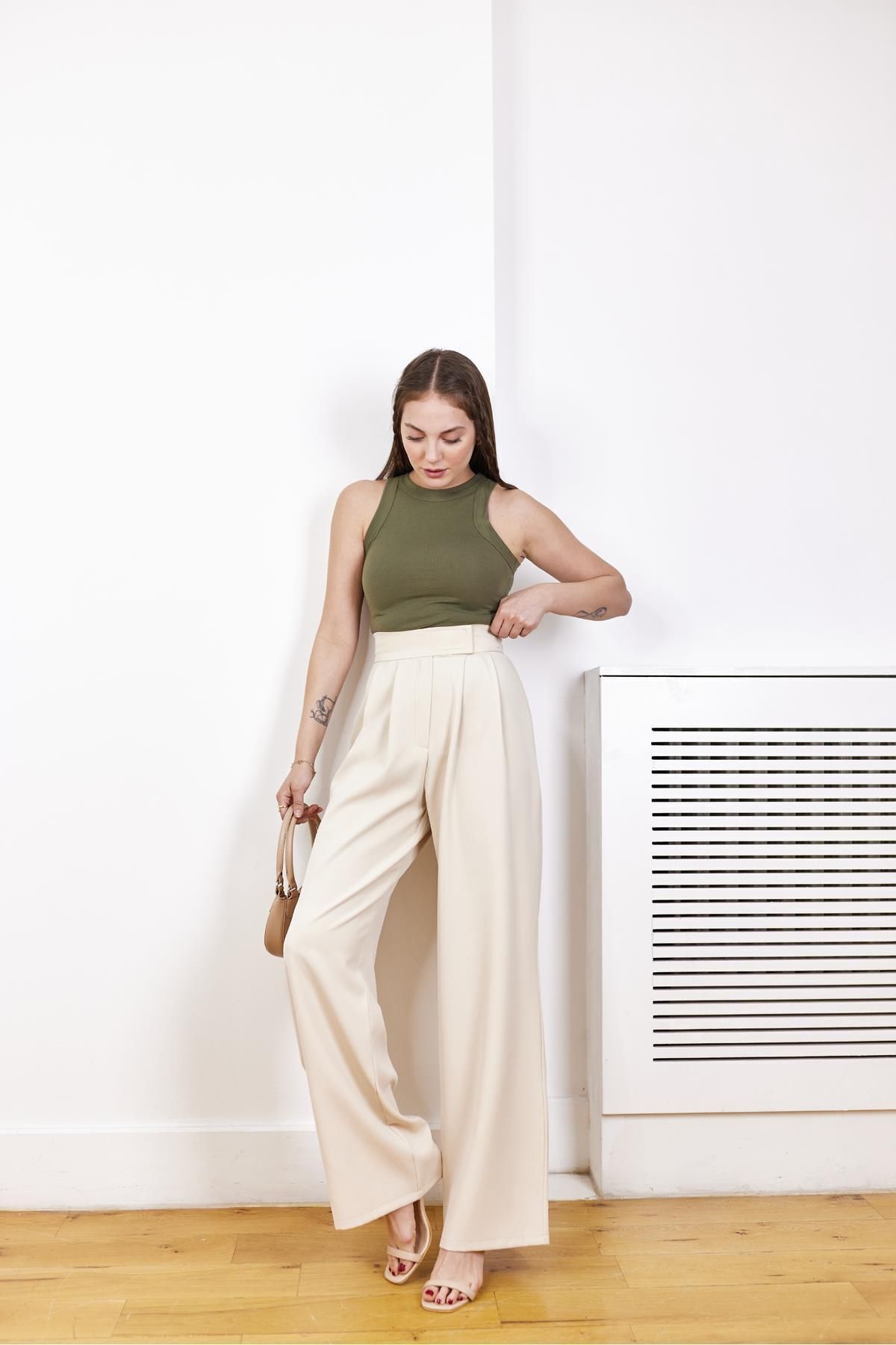 Pantalon Palazzo à Taille Ceinturée avec Fermeture à Bande Auto-agrippante et Pince Couture - Görsel 3